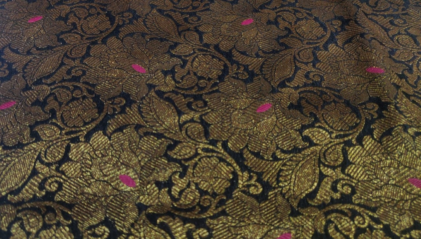 Brocade black with pink and blue motif and antique gold fabric  44&quot; wide