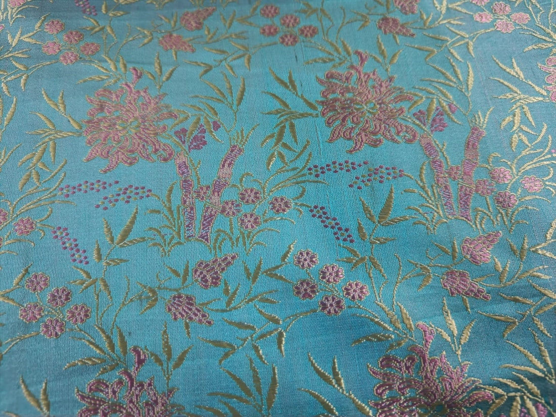 Silk Brocade Fabric Pink ,Blue &amp; Gold floral design ~Width 44 single length 0.75 yards