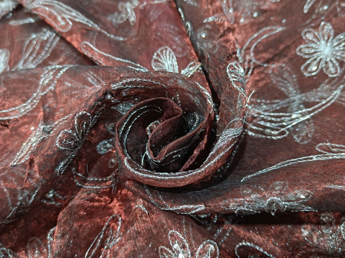 100%  Silk tissue fabric copper brown with silver embroidery 44" wide [12378]