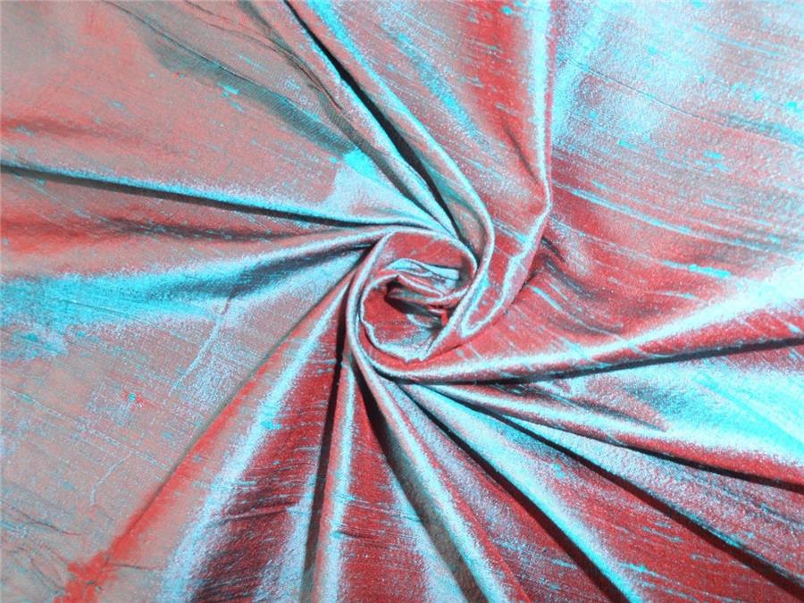 100% PURE SILK DUPIONI FABRIC KINGFISHER GREEN X RED colour 54" wide WITH SLUBS MM37[2]