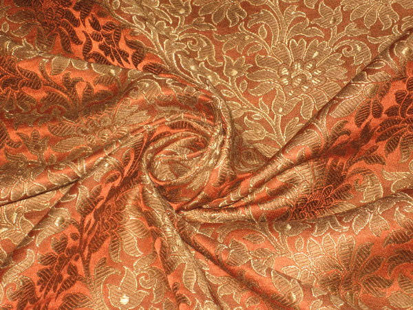 Pure Heavy Silk Brocade Fabric Orange,Brown &amp; Gold
