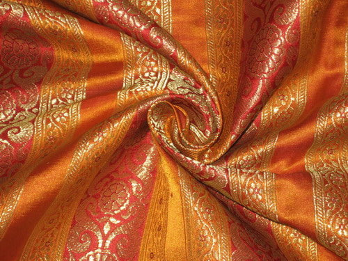 100% Pure Silk Brocade fabric Red,Gold &Mustard Orange colour 44&quot; wide