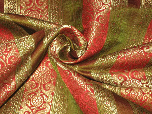 100% Pure Silk Brocade fabric Red,Gold &Green colour 44&quot; wide availabel for bulk preorder