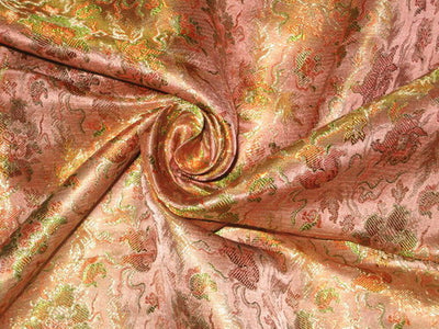 Pure Silk Brocade fabric Gold,Salmon,Green &amp; Orange 44" wide BRO106[6]