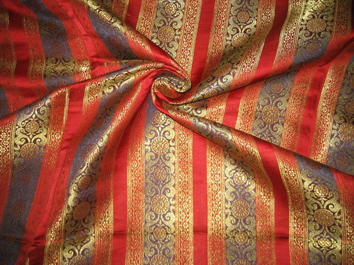 100% Pure Silk Brocade fabric Red,Gold &Dark Aubergine colour 44" wide [1913]