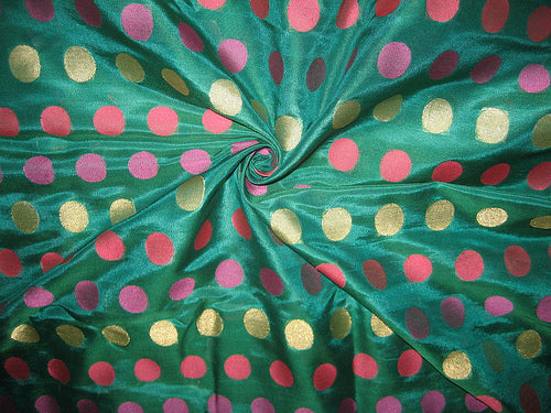 Pure Silk brocade fabric Green colour with pink and gold dots 44" wide BRO57[1]