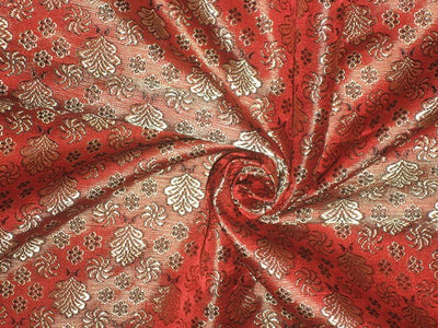 SILK BROCADE FABRIC Tomato Red, Gold and Black 44" wide BRO98[3]