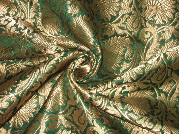 Heavy Silk Brocade Fabric Green &amp; Antique Gold