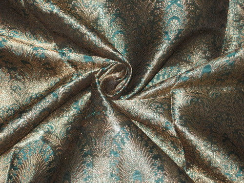 Silk Brocade fabric Peacock Green &amp; Antique Gold