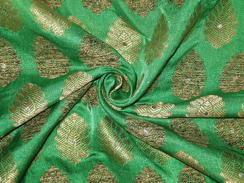 SILK Broacde Fabric Gold &amp; Emerald Green color 44&quot;