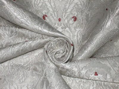 Heavy Silk Brocade Fabric Ivory,Wine &amp; Silver