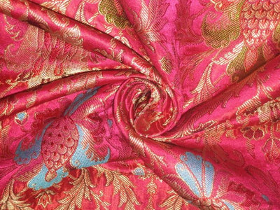 Heavy Silk Brocade Fabric Pink,Green &amp; Metallic motifs