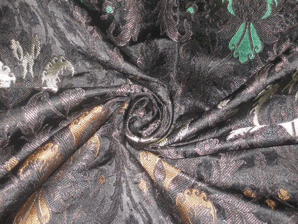 Heavy Silk Brocade Fabric Black,Green &amp; Metallic motifs BRO121[5]