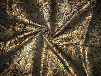 Heavy Silk Brocade Fabric Black,Brown &amp; Metallic Gold