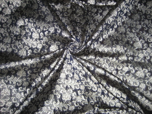 Silk Brocade Fabric Navy Blue &amp; Metallic Silver