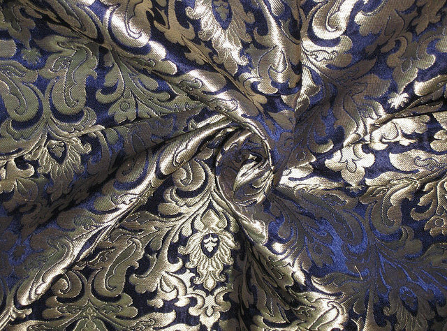 Silk heavy Brocade jacquard Fabric Dark Navy Blue & Gold 44" wide BRO93[4]