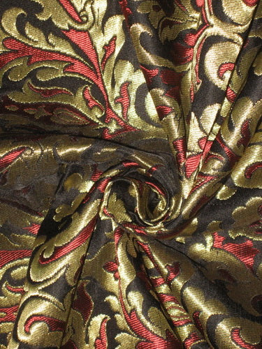 Heavy Pure Silk Brocade Fabric Black,Wine Red &amp; Metallic Gold