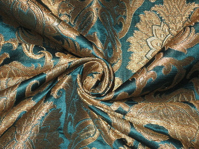 Heavy Silk Brocade Fabric Peacock Blue &amp; Metallic motifs