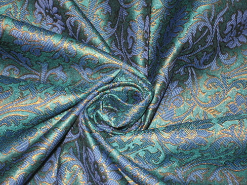 Spun Silk Brocade Fabric Blue,Green &amp; Metallic Bronze 44&quot;