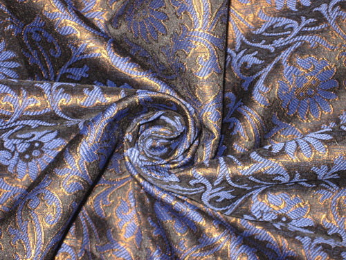 Spun Silk Brocade Fabric Blue,Black &amp; Metallic Bronze 44&quot;