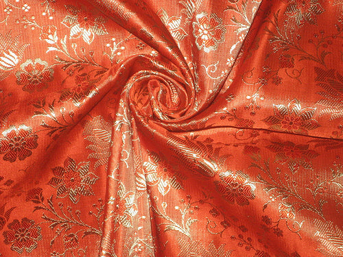 Pure Silk Brocade Fabric Orange with Gold floral 44" wide BRO21[4]