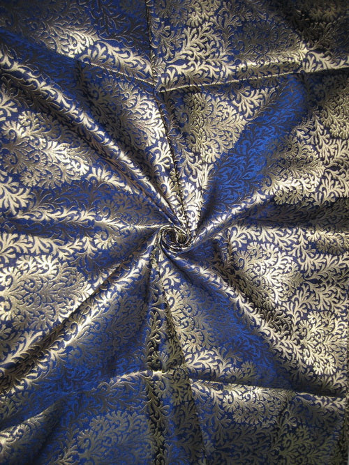 Heavy Silk Brocade Fabric Metallic Gold &amp; Dark Blue