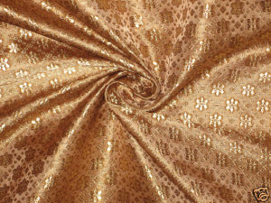 Pure Silk Broacde Fabric Gold &amp; Brown color 44&quot;