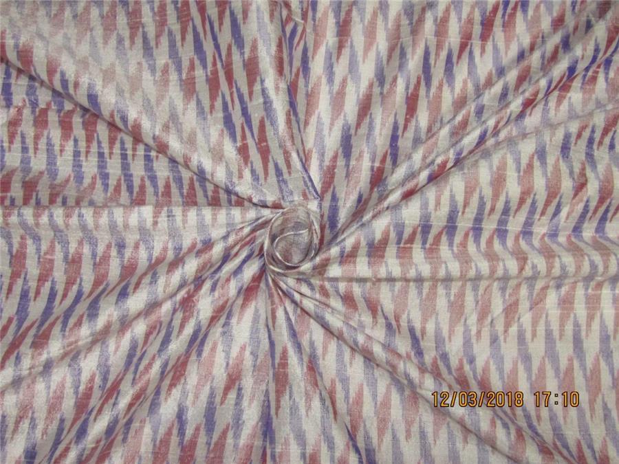 100% pure silk dupion ikat fabric ivory blue x red colour 44" wide DUP_IKAT_8373