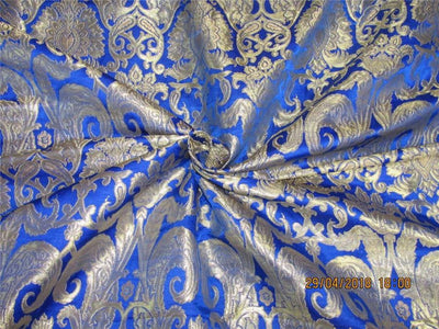 Heavy Silk Brocade Fabric royal blue x Metallic Gold color 36&quot;