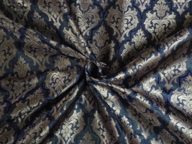 PURE SILK BROCADE FABRIC NAVY BLUE,BLACK WITH MULTI COLOR 44 INCHES BRO401[2]