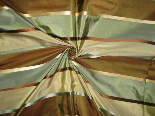 100% Silk Taffeta Fabric Blue,Brown &amp; Grey w/ Satin Stripes TAF#S70[2] 54&quot; wide