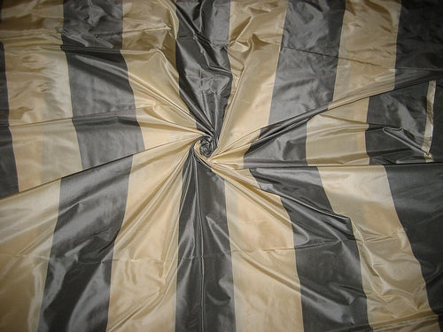 Silk Taffeta Fabric Dark Cream & Steel Grey Stripes TAFS47