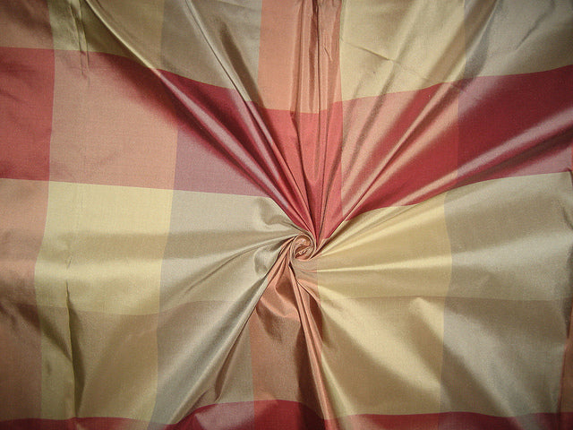 100% Pure Silk Taffeta Fabric SHADES OF GREENS AND DUSTY ROSE PINKS Multi Color plaids TAFC10 54&quot; wide