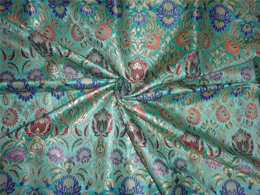 SILK BROCADE FABRIC TIFFANY BLUE METALLIC GOLD & MULTI COLOR 36" WIDE BRO544[3]