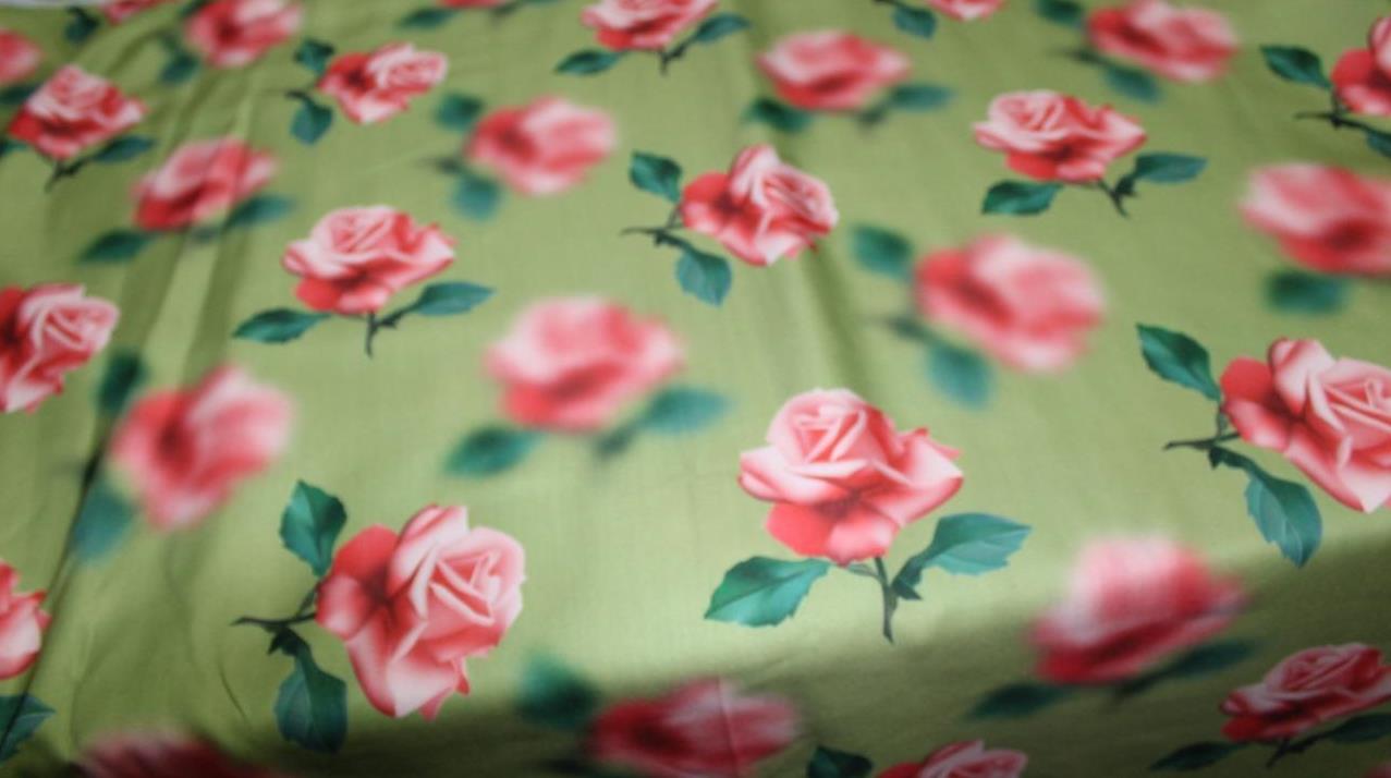 Linen satin digital print fabric olive green & amp pink roses 44" wide