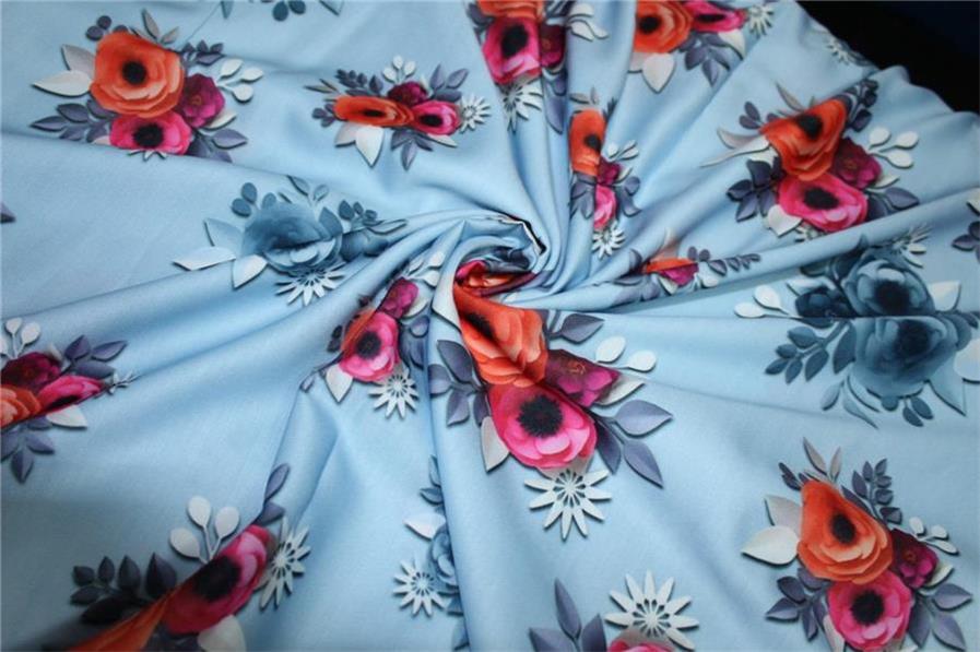 Linen satin digital print fabric blueish grey multi color flowers 44" wide