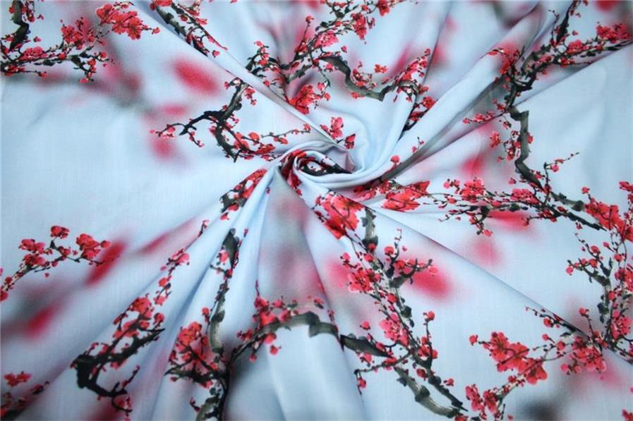Linen satin print fabric ice blue and red flower 44" wide