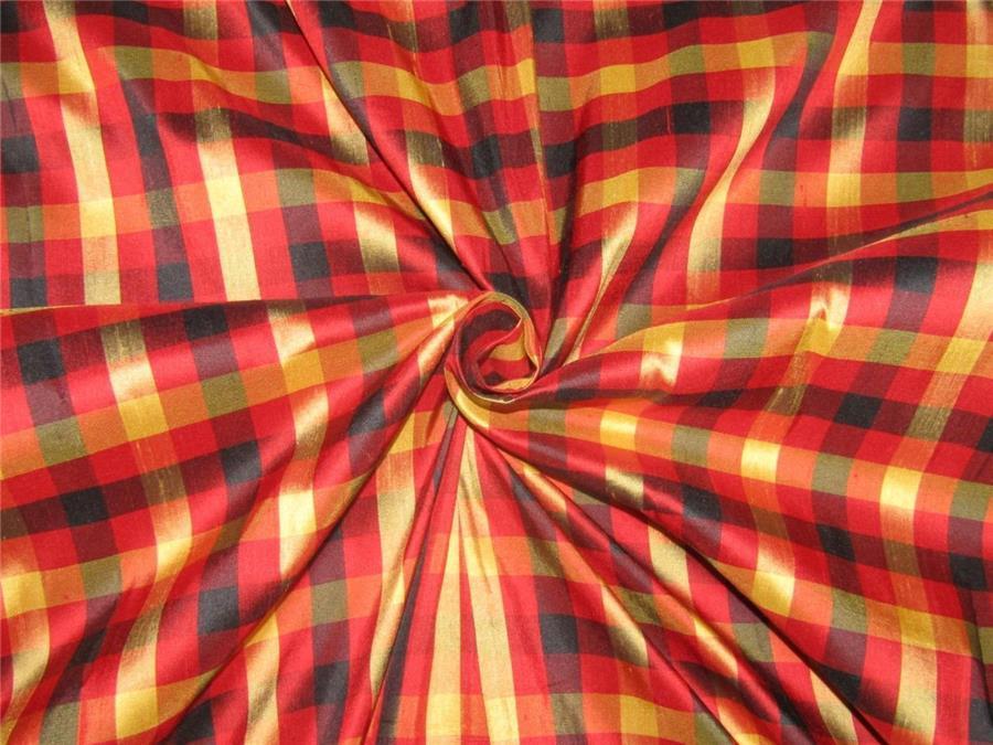 100% Silk Dupioni red x black x gold plaids Fabric 54'' width DUP#C95[1]