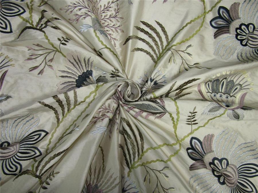 100% Silk Dupion Fabric Embroidery cream/green/blue/mauve color 54" DUP# E56[2]