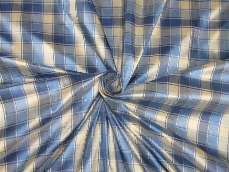 100% Silk Dupioni Fabric plaids dark ivory x blue color 54'' wide DUP#C97[2]