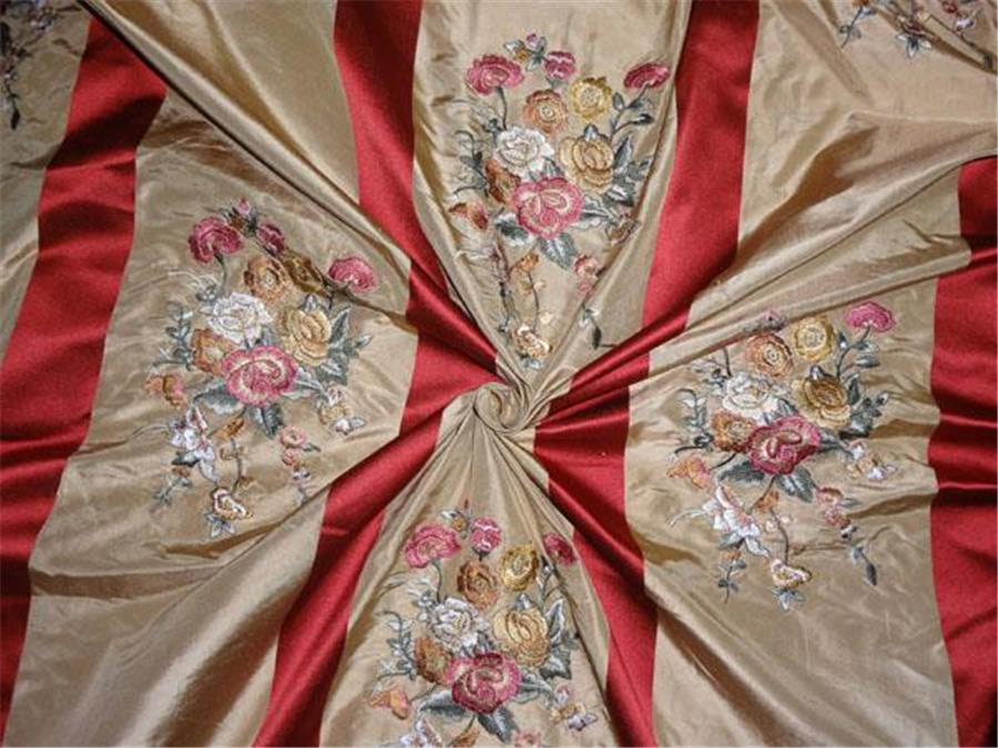 silk taffeta dark beige with red satin stripes & multi color embroidery 54" wide TAF#E12